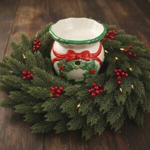 Vintage Christmas Wax Warmer-Holly Wreath Ceramic Candle Melt Burner-Holiday